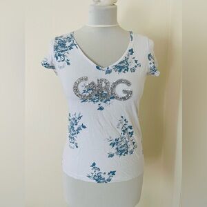 G By Guess Women Top M Short Sleeves T-Shirt Floral White Blue Mediterranean